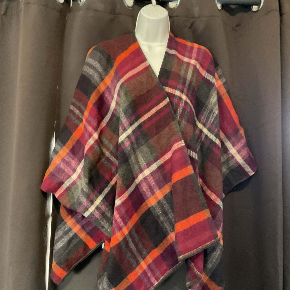 Cozy Plaid Poncho Wrap, Burgundy and Orange Fall Colors, One Size